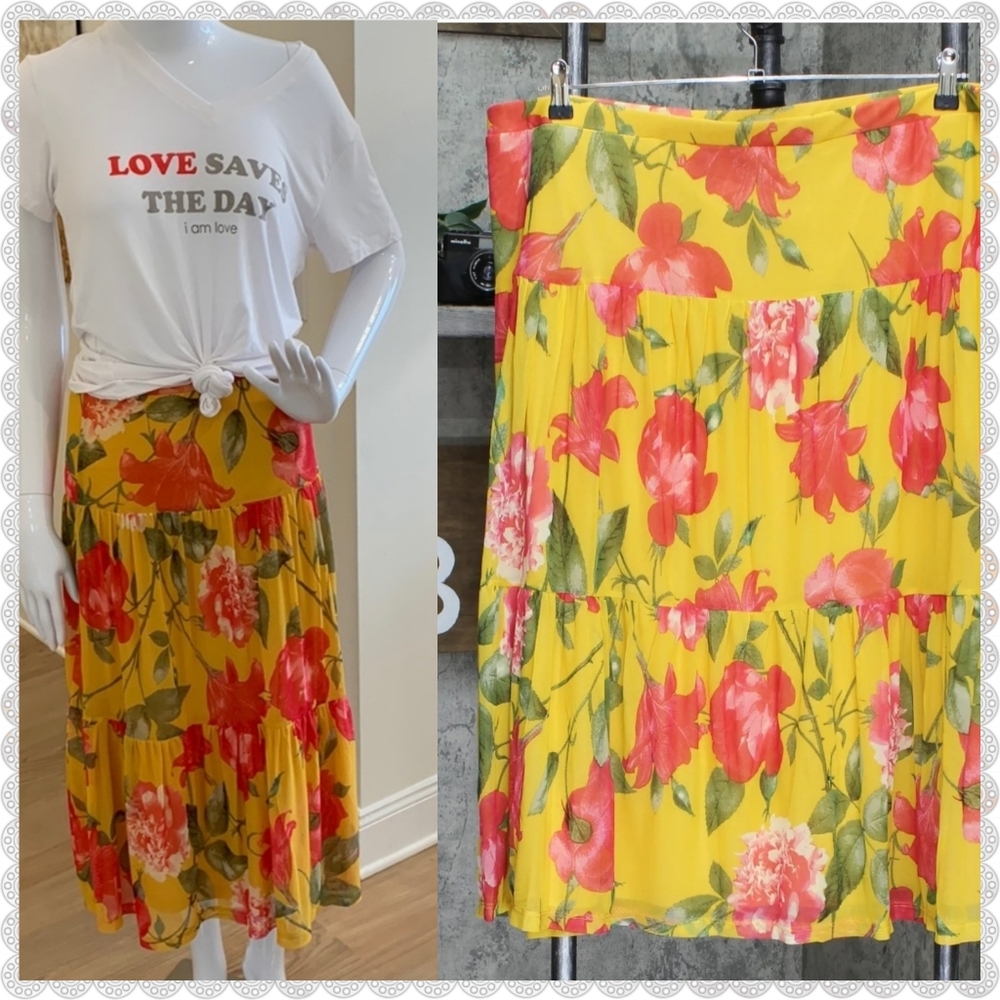 NEW Nina Leonard  mesh skirt mustard yellow background cherry red floral